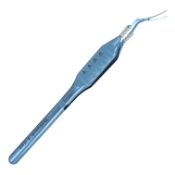 Jones Inamura Capsulorhexis Forceps, Curved, E-Range, Cross-Action Tips, 1.5mm Width At Pivot Box, Incision Down To 1.8mm, Pointed Serrated Interlocking Tips, Tip To Pivot Point 11mm, Marks On Shaft Every 1mm From Tip To 6mm, Tips Angled 45 Degrees To Handle, Flat Handle, Overall Length 4-1/2" (115mm) 